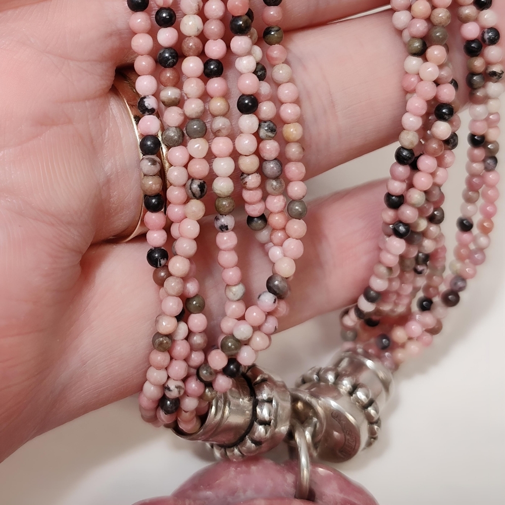 ESPO Multi Strand Rhodonite Sterling Silver Carved Rose Pendant Necklace - Picture 8 of 11